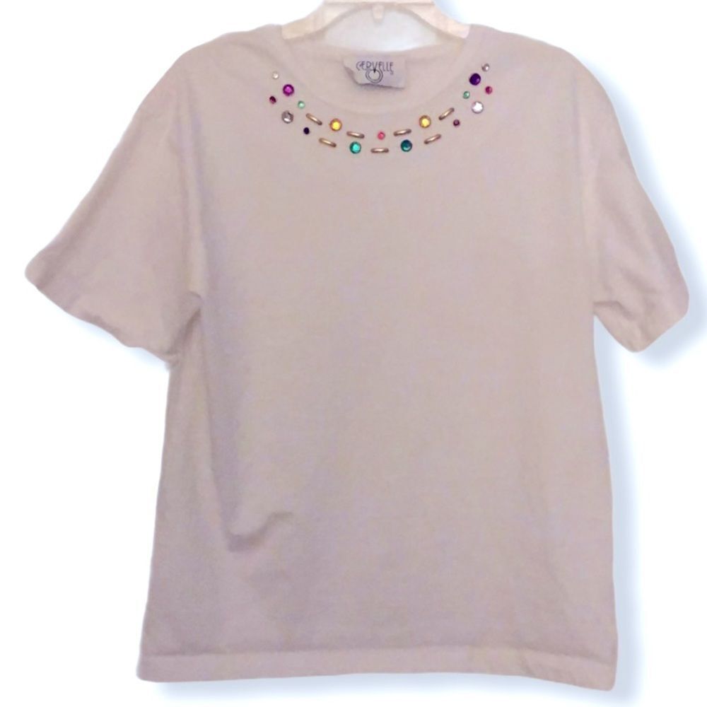 Vintage Cervelle Jewel Embellished White Short Sleeve Top Sz Small